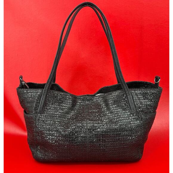 Eric Javits Aura Squishee Black Woven Leather Large Shopper Purse Retail $475.00
